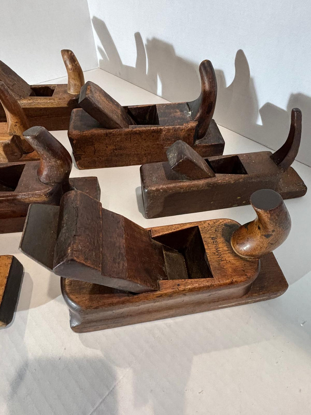 Seven 19th Century German and French Wooden Block Planes — Sculptural Cabinetmaker’s Working Group with Exceptional Patina