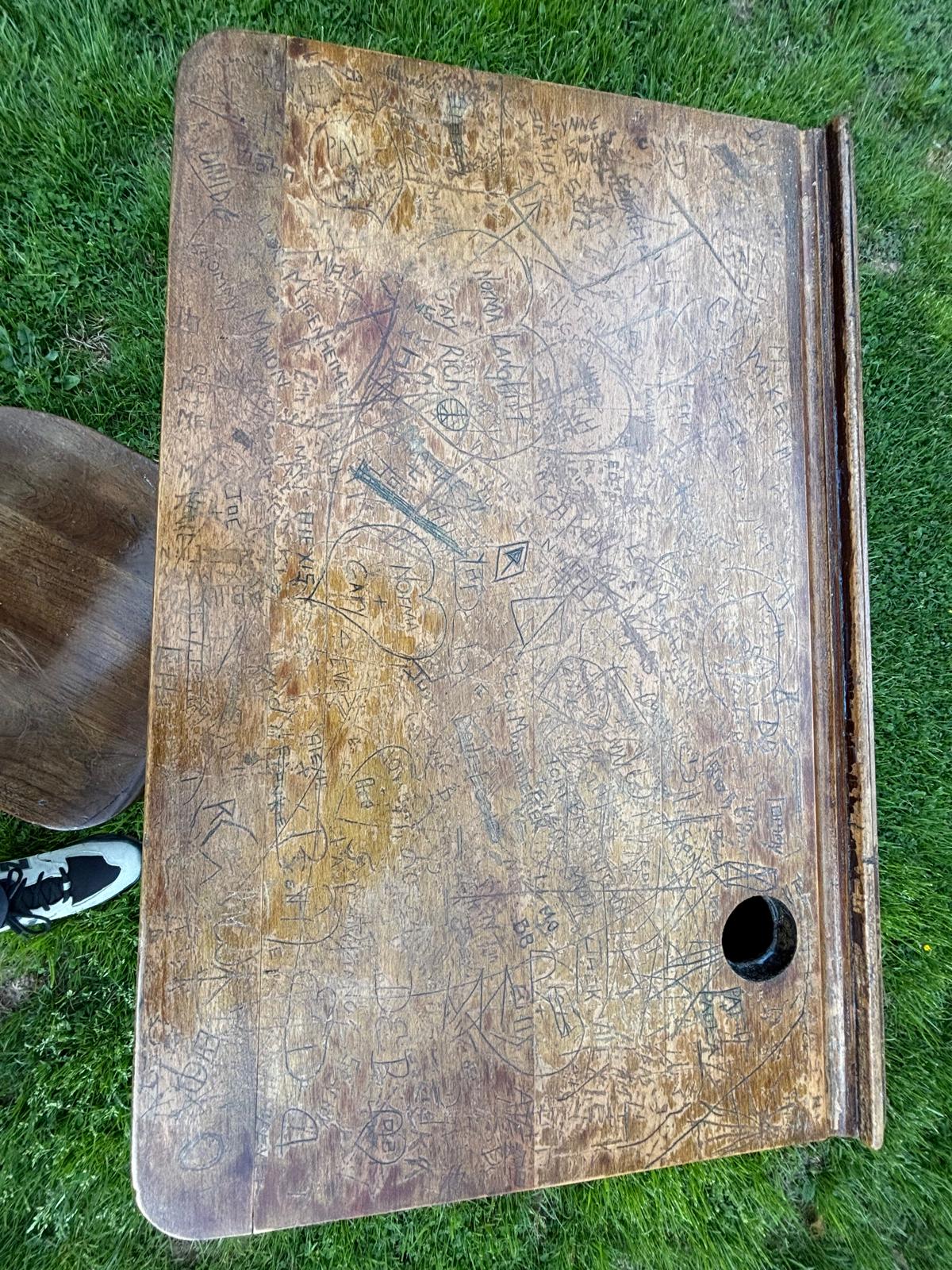 Early American School Desk and Chair Cast Iron and Oak, circa 1905–1915