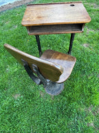 Early American School Desk and Chair Cast Iron and Oak, circa 1905–1915
