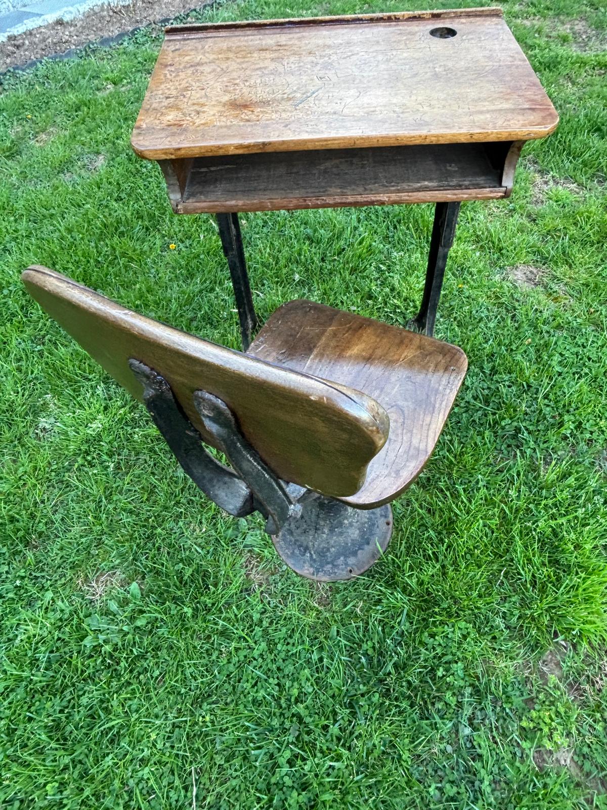 Early American School Desk and Chair Cast Iron and Oak, circa 1905–1915