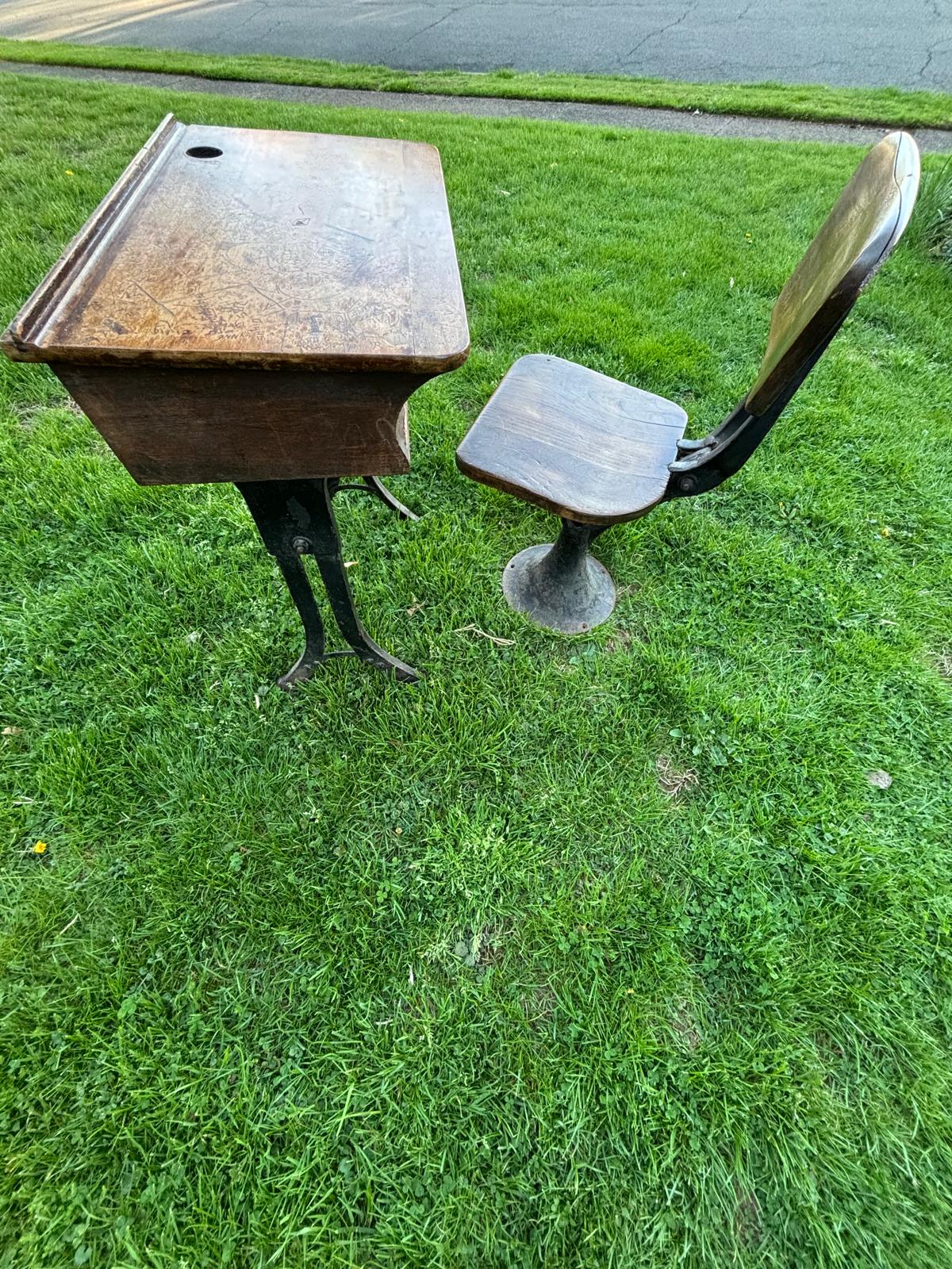 Early American School Desk and Chair Cast Iron and Oak, circa 1905–1915