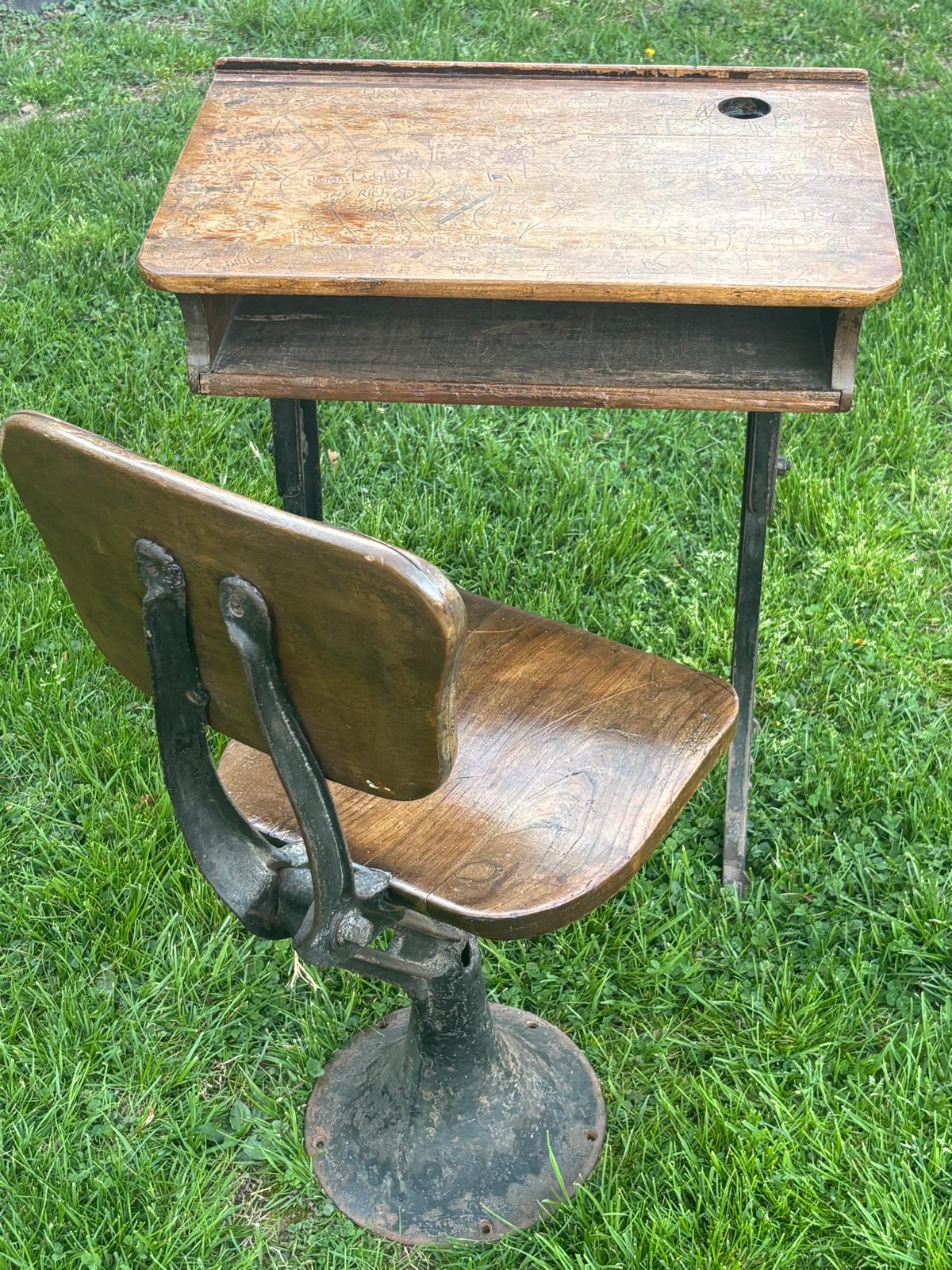 Early American School Desk and Chair Cast Iron and Oak, circa 1905–1915