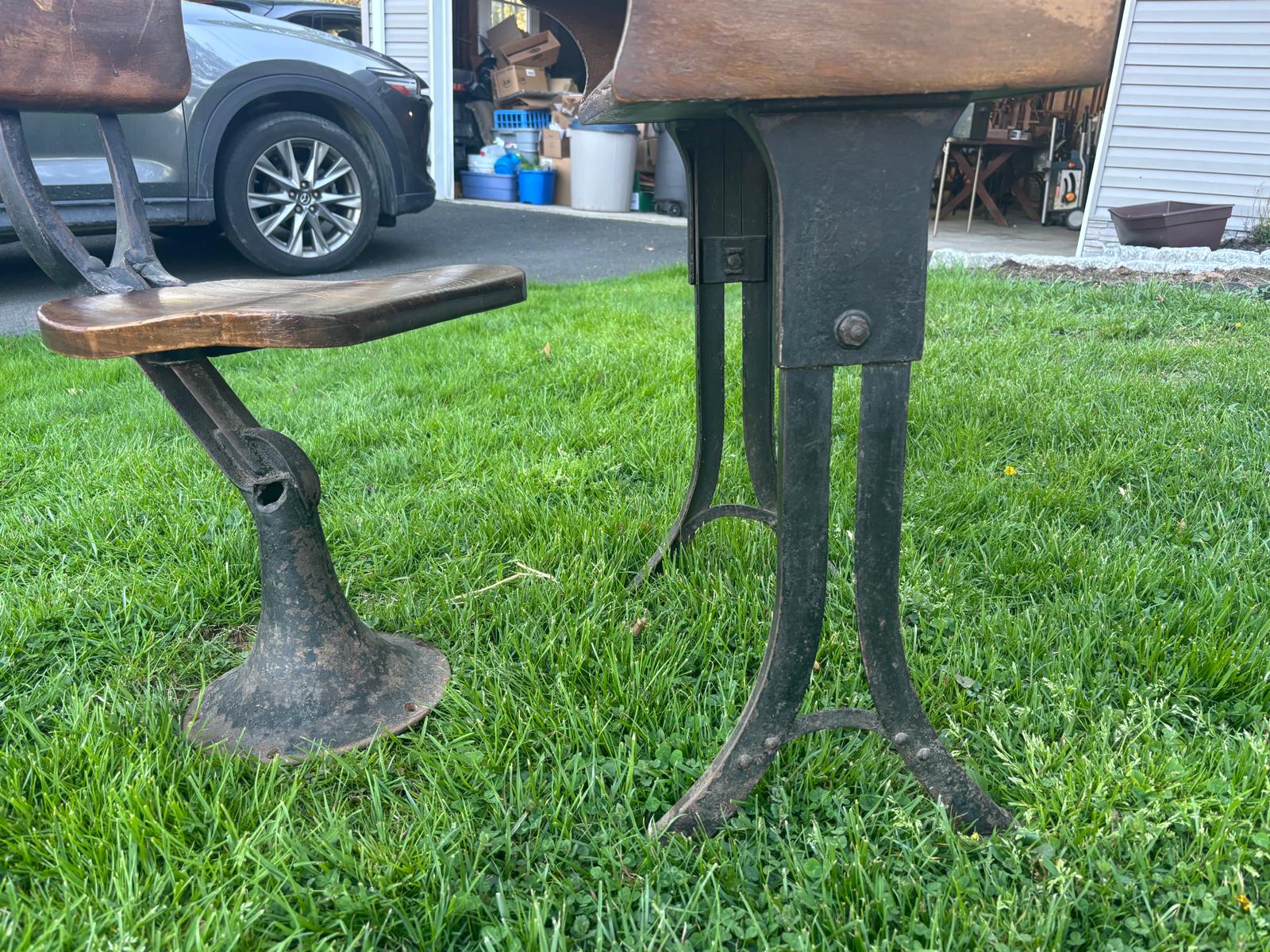 Early American School Desk and Chair Cast Iron and Oak, circa 1905–1915