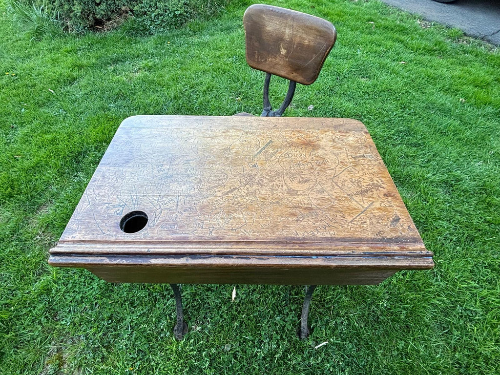Early American School Desk and Chair Cast Iron and Oak, circa 1905–1915