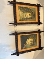 Exceptional Pair of Late 19th Century Chip-Carved Cross-Corner (Oxford) Tramp Art Frames with Original Chromolithographs