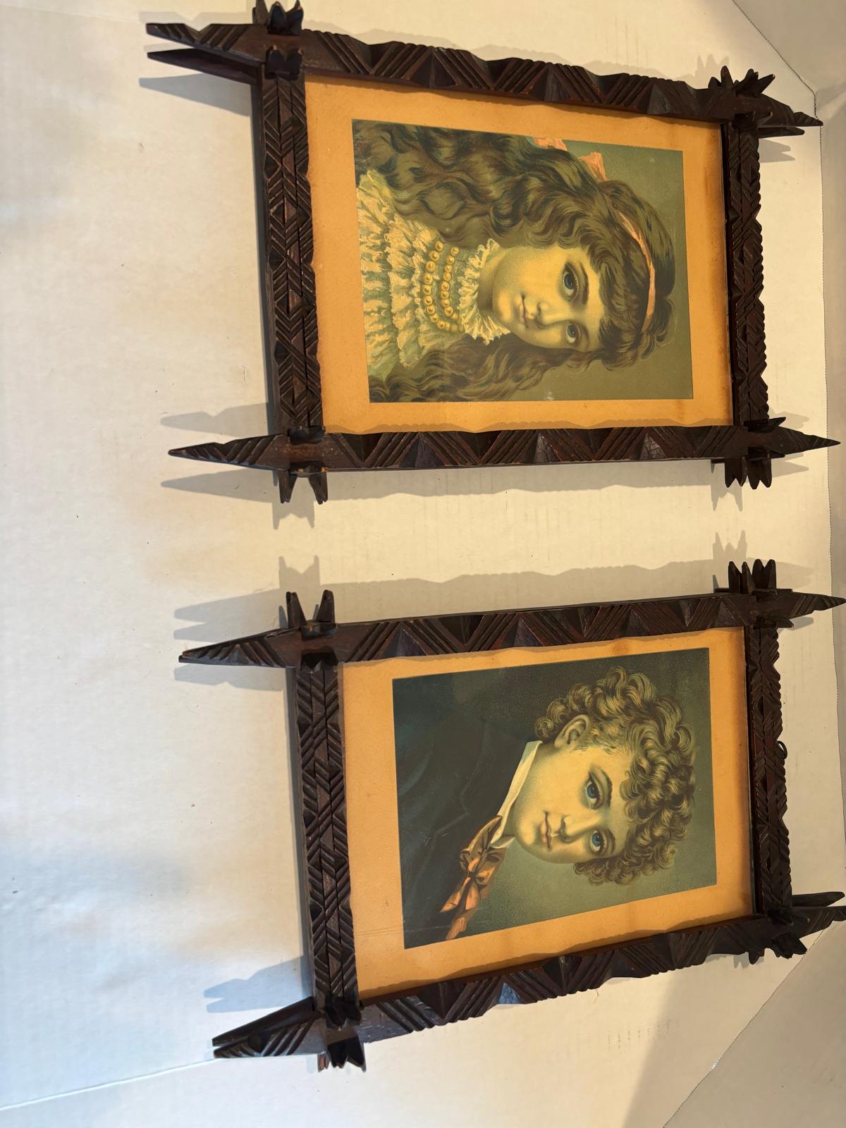 Exceptional Pair of Late 19th Century Chip-Carved Cross-Corner (Oxford) Tramp Art Frames with Original Chromolithographs
