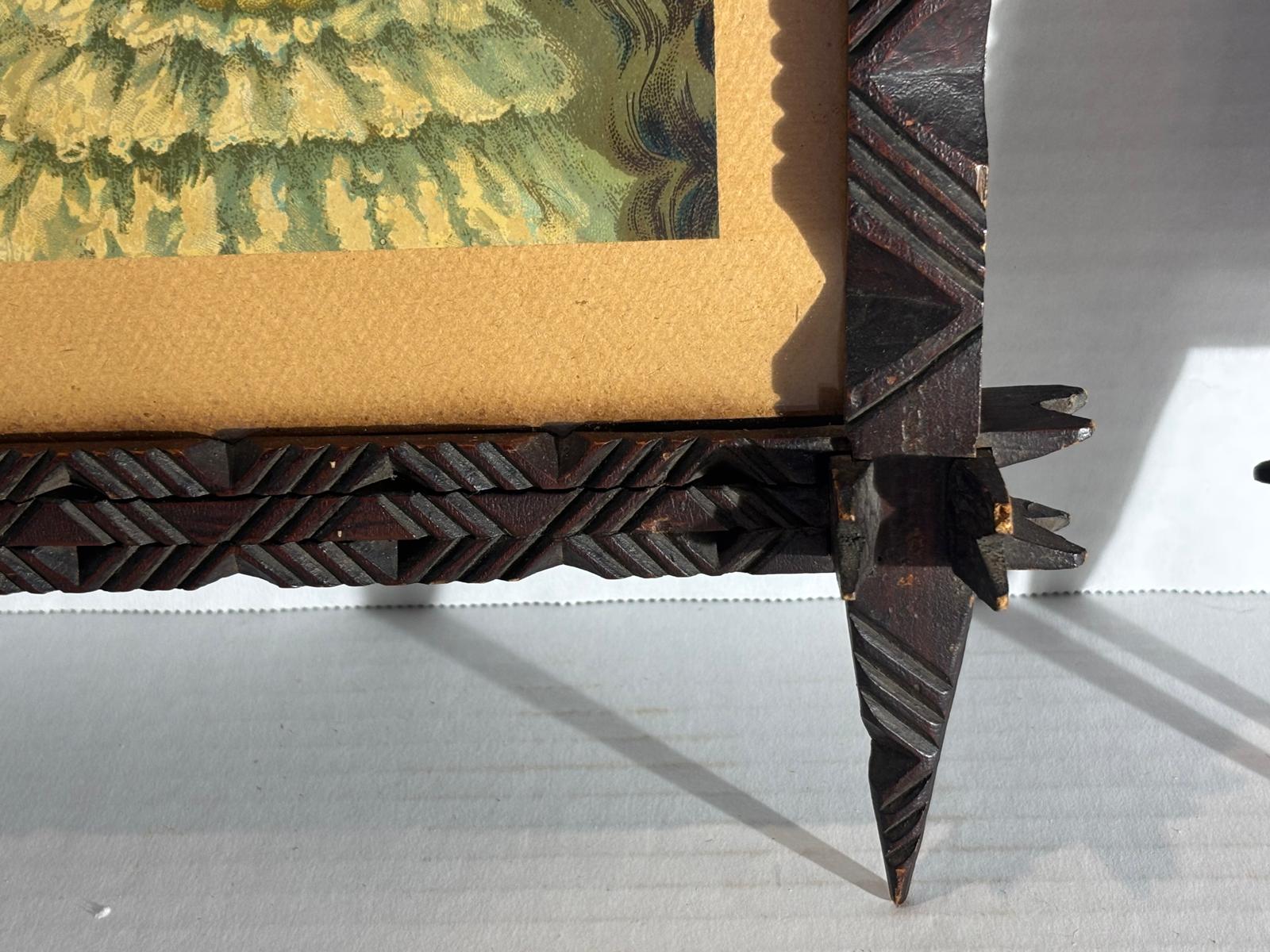Exceptional Pair of Late 19th Century Chip-Carved Cross-Corner (Oxford) Tramp Art Frames with Original Chromolithographs