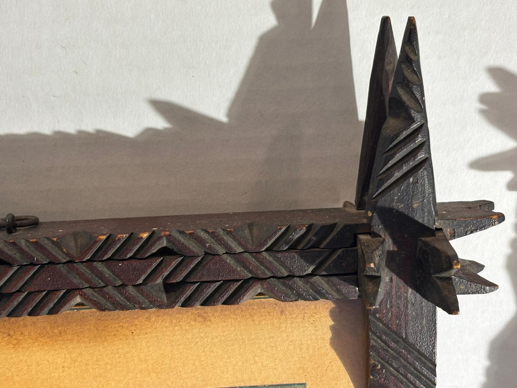 Exceptional Pair of Late 19th Century Chip-Carved Cross-Corner (Oxford) Tramp Art Frames with Original Chromolithographs