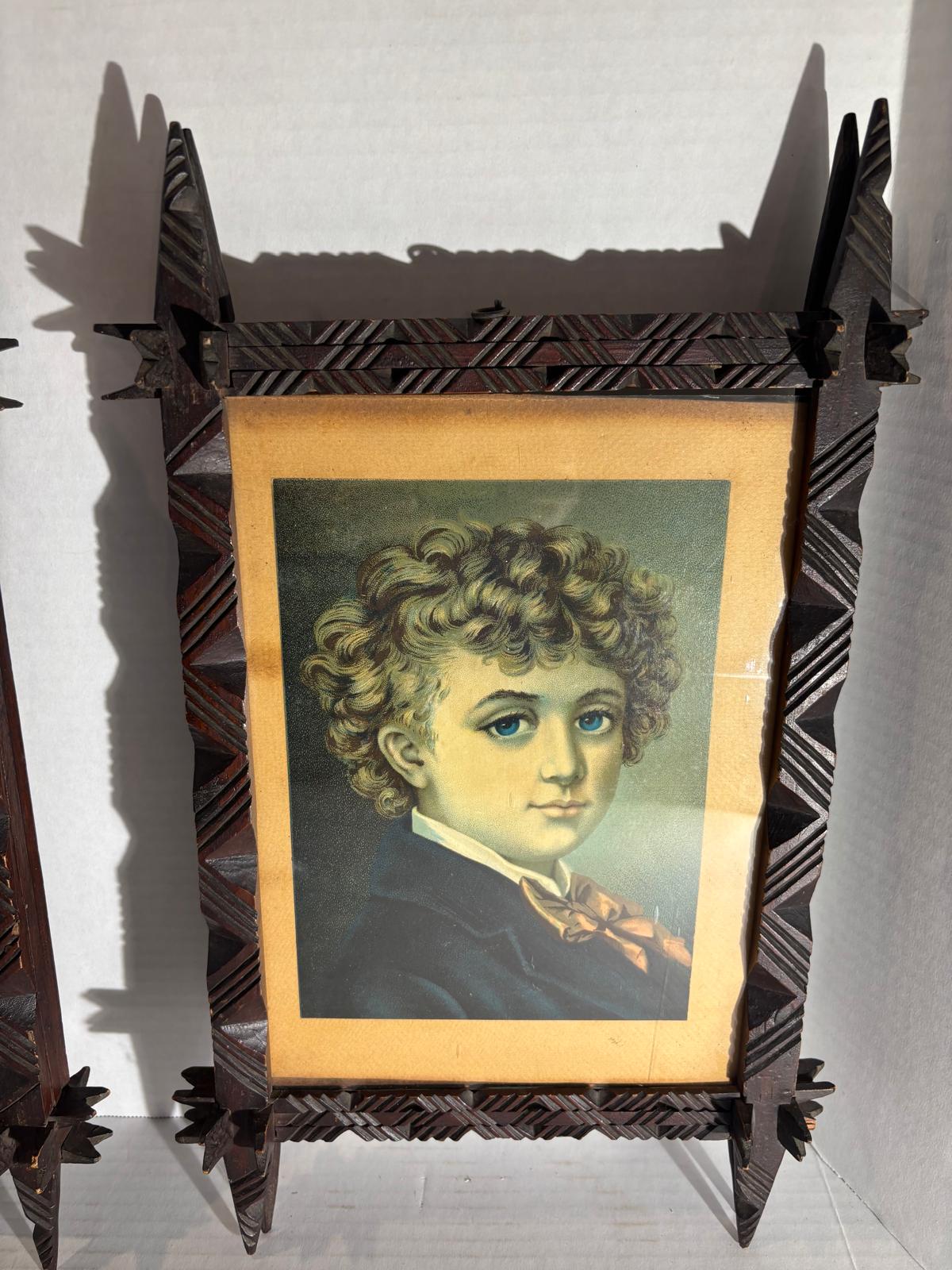 Exceptional Pair of Late 19th Century Chip-Carved Cross-Corner (Oxford) Tramp Art Frames with Original Chromolithographs