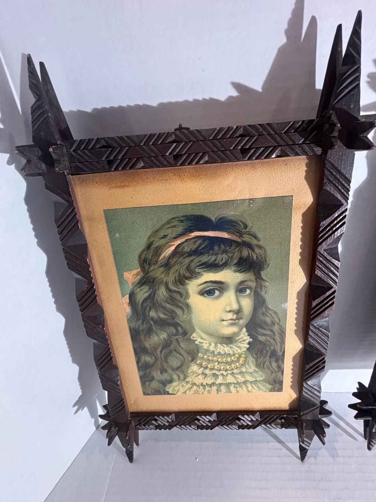 Exceptional Pair of Late 19th Century Chip-Carved Cross-Corner (Oxford) Tramp Art Frames with Original Chromolithographs