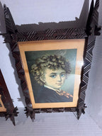 Exceptional Pair of Late 19th Century Chip-Carved Cross-Corner (Oxford) Tramp Art Frames with Original Chromolithographs