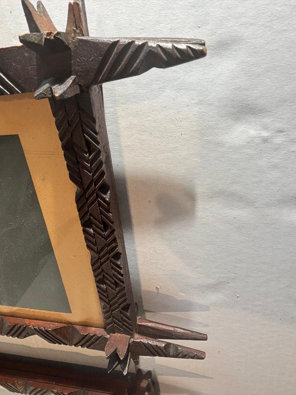 Exceptional Pair of Late 19th Century Chip-Carved Cross-Corner (Oxford) Tramp Art Frames with Original Chromolithographs