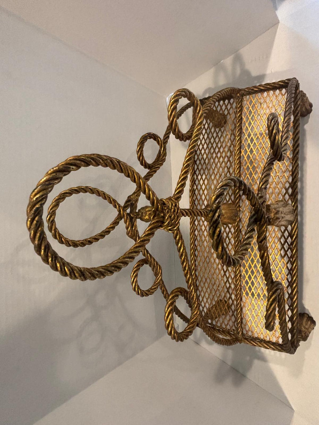 Sculptural Hollywood Regency Rope-Work Magazine Rack with Tassel Ornament, c. 1930s