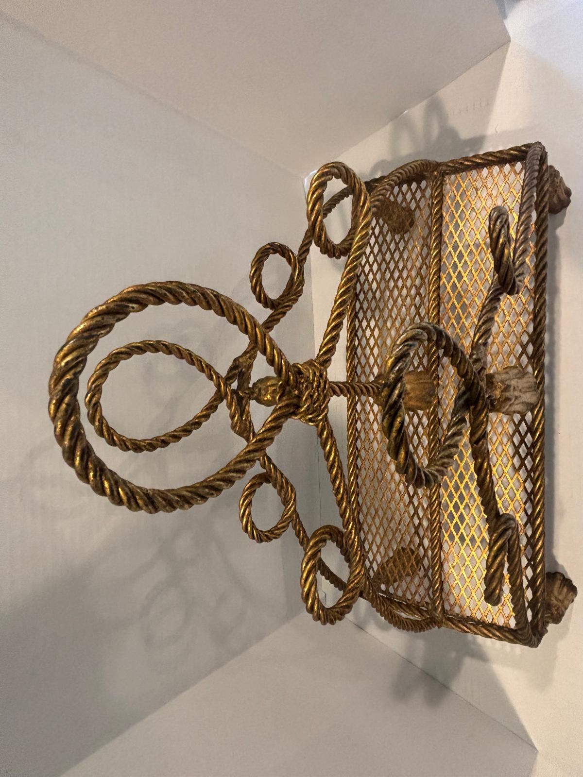 Sculptural Hollywood Regency Rope-Work Magazine Rack with Tassel Ornament, c. 1930s