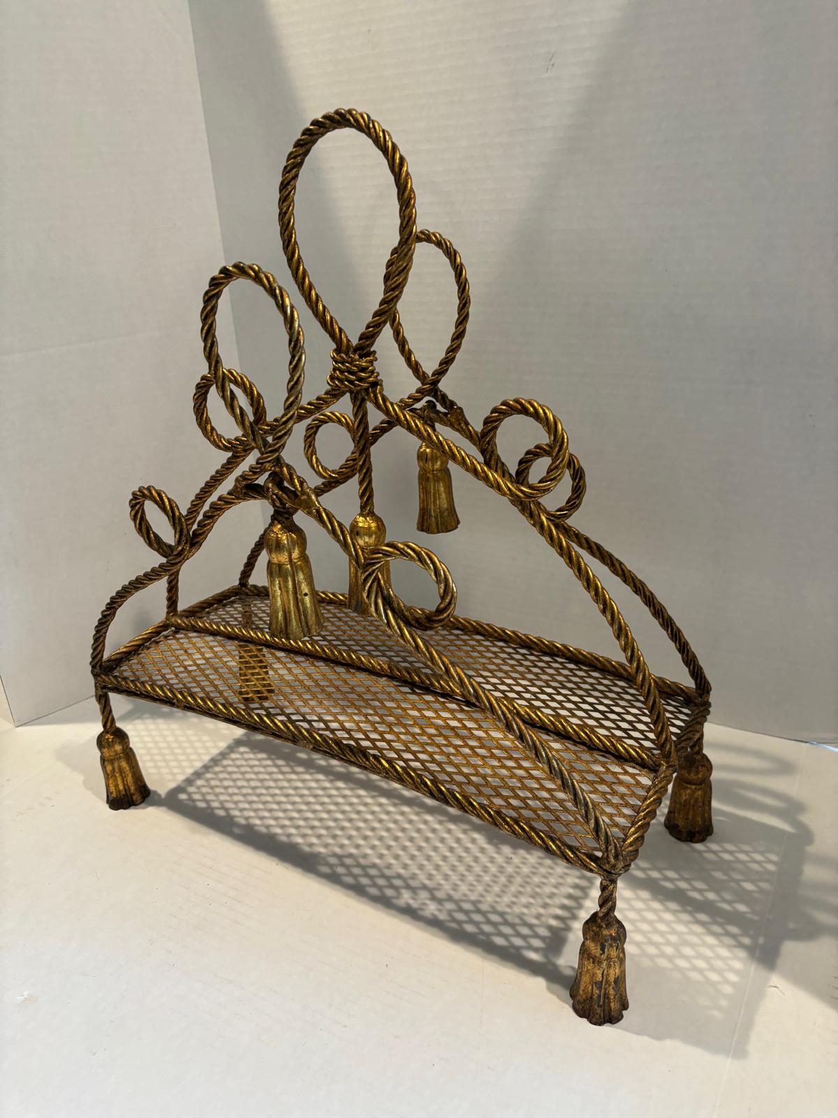Sculptural Hollywood Regency Rope-Work Magazine Rack with Tassel Ornament, c. 1930s