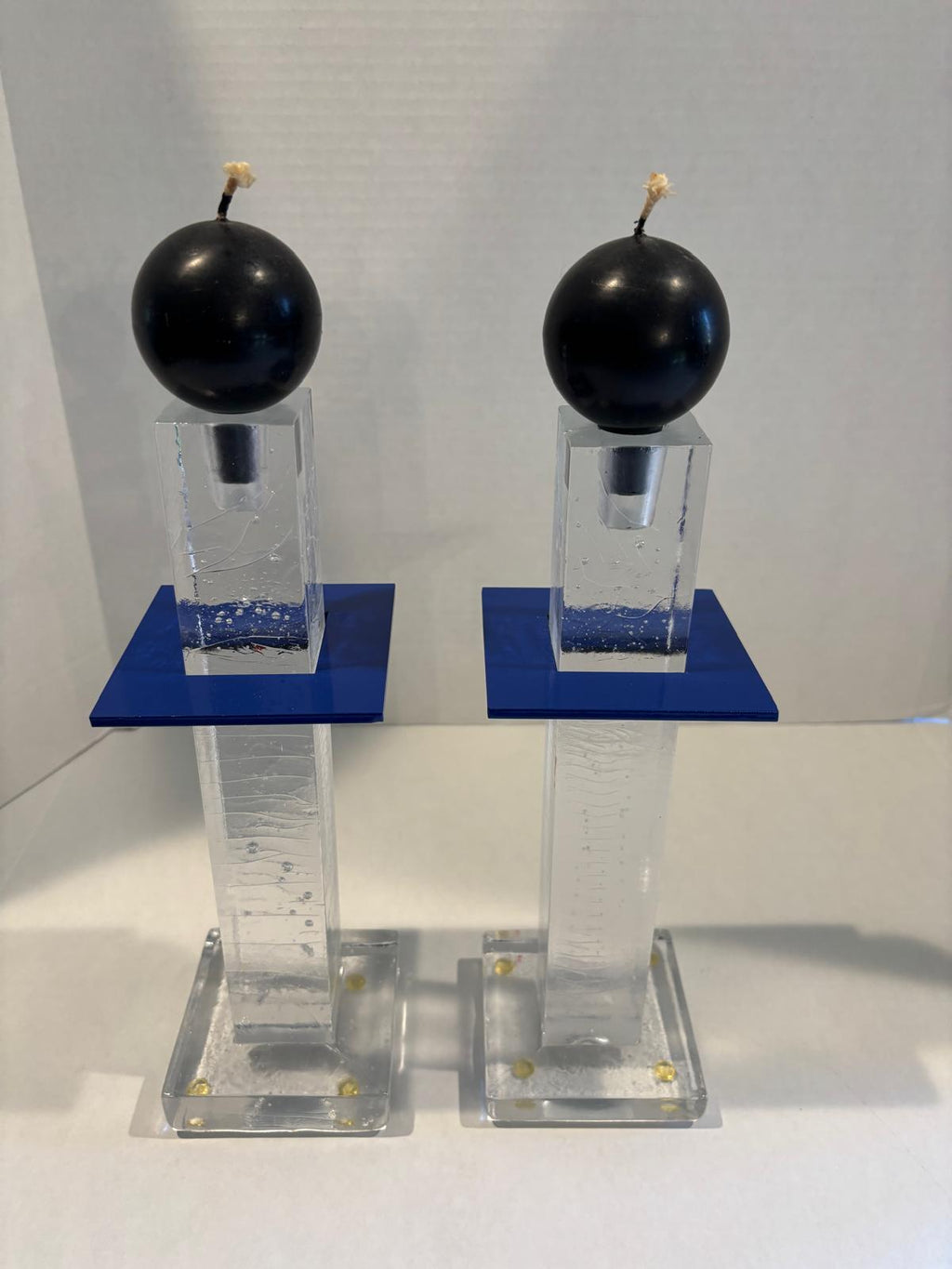 Pair of Postmodern Cast Glass Candlesticks with Blue Metal Element
