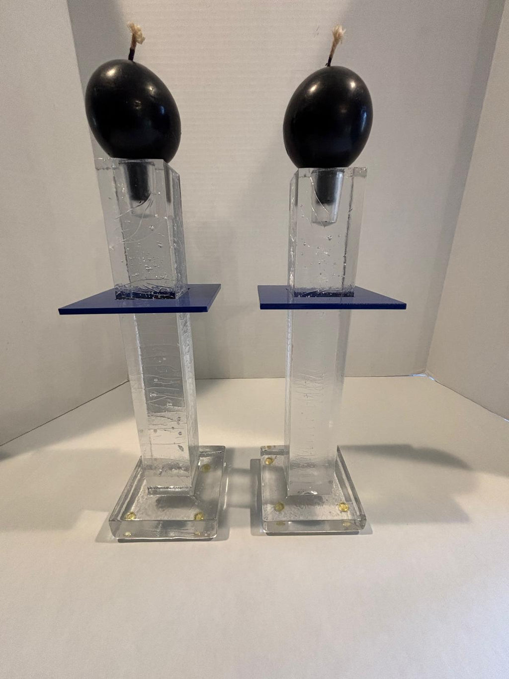 Pair of Postmodern Cast Glass Candlesticks with Blue Metal Element