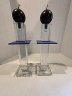 Pair of Postmodern Cast Glass Candlesticks with Blue Metal Element