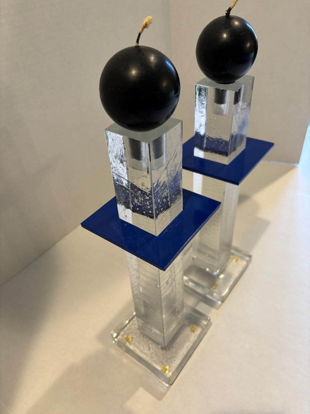 Pair of Postmodern Cast Glass Candlesticks with Blue Metal Element