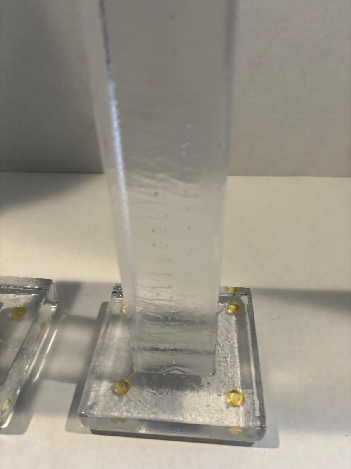Pair of Postmodern Cast Glass Candlesticks with Blue Metal Element