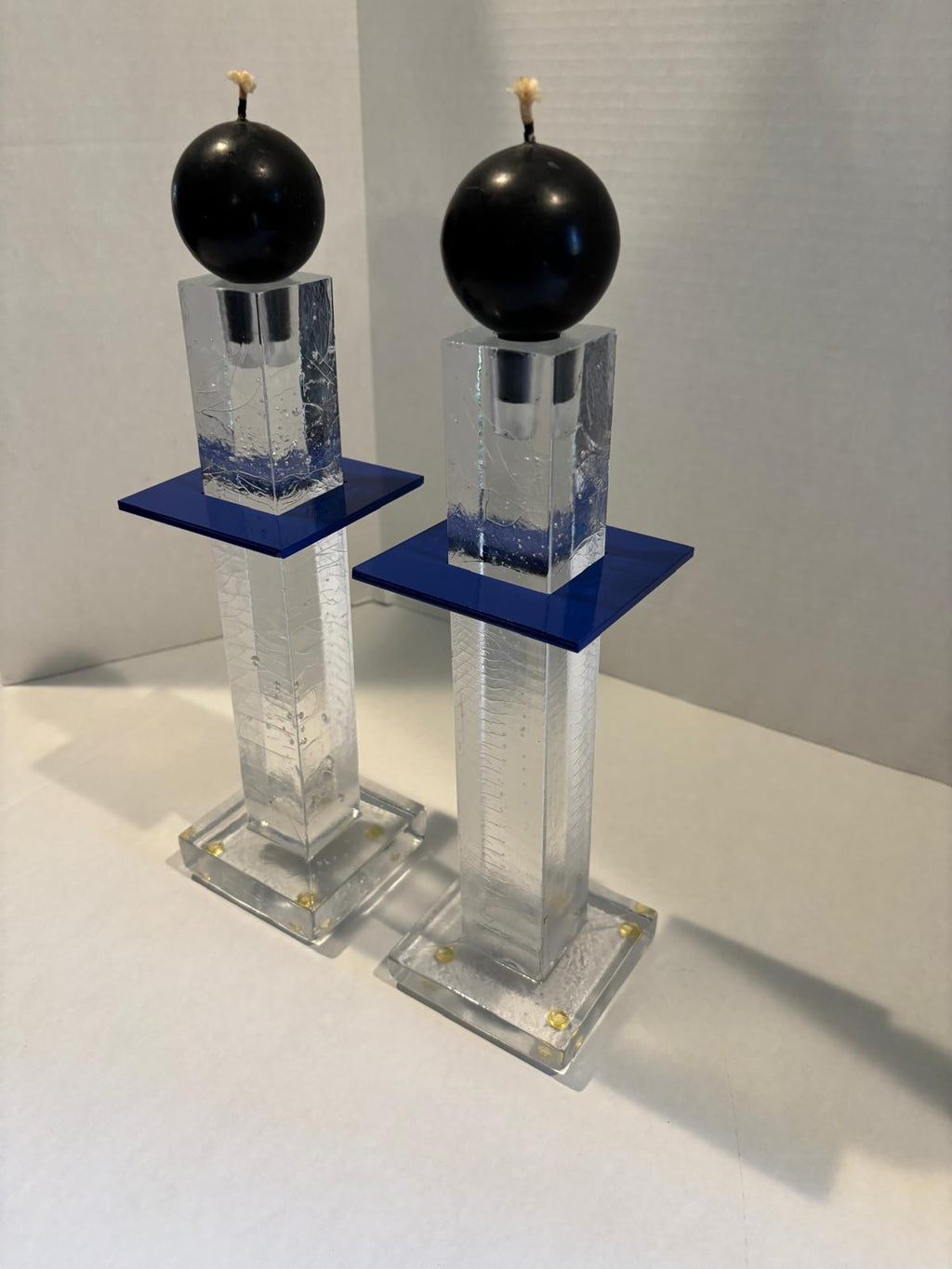 Pair of Postmodern Cast Glass Candlesticks with Blue Metal Element