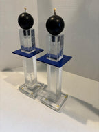 Pair of Postmodern Cast Glass Candlesticks with Blue Metal Element