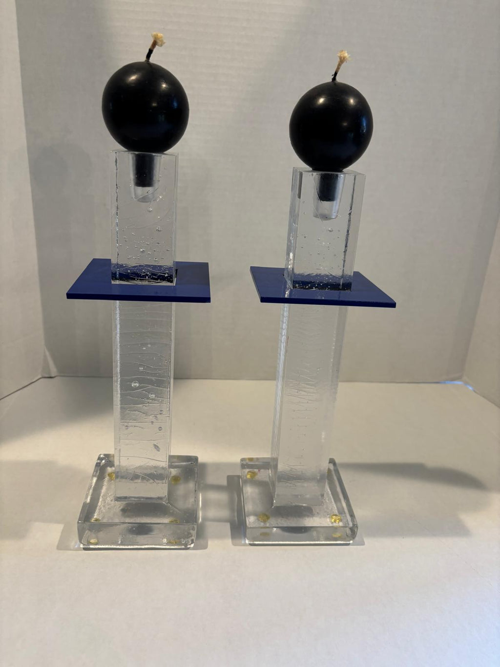 Pair of Postmodern Cast Glass Candlesticks with Blue Metal Element
