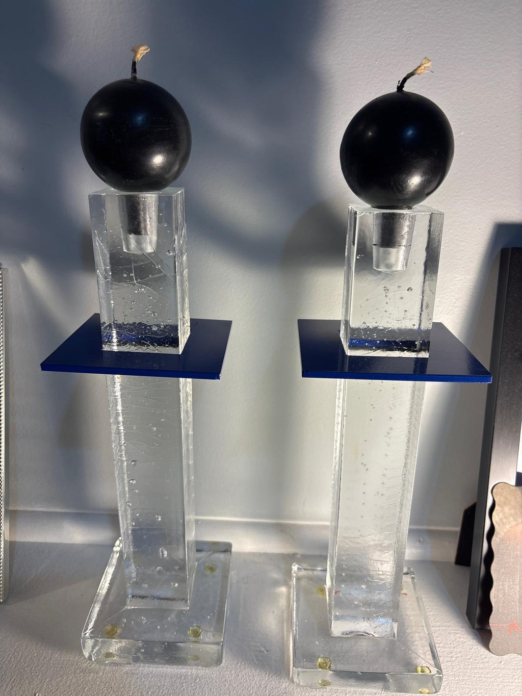 Pair of Postmodern Cast Glass Candlesticks with Blue Metal Element
