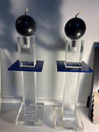 Pair of Postmodern Cast Glass Candlesticks with Blue Metal Element