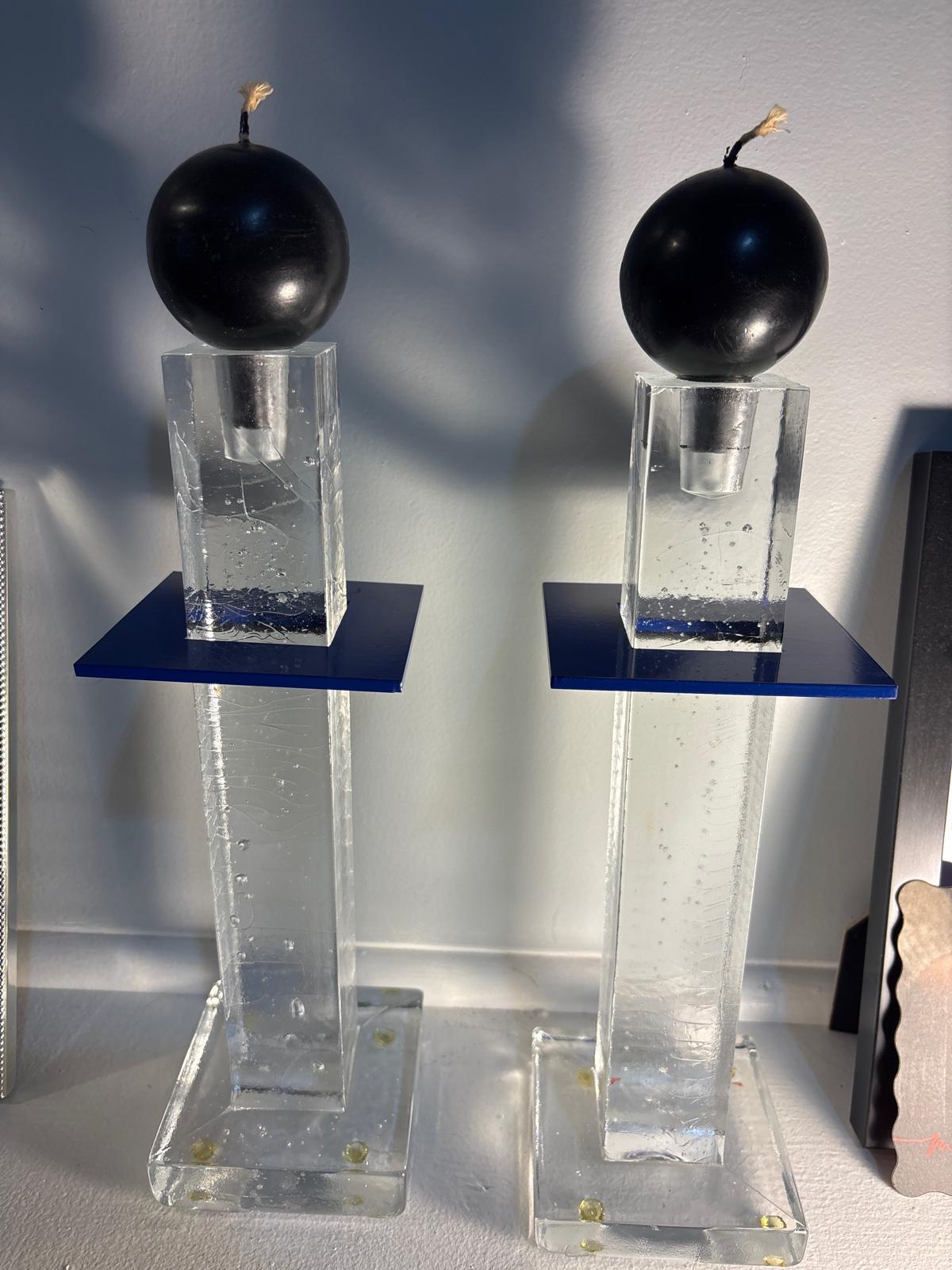 Pair of Postmodern Cast Glass Candlesticks with Blue Metal Element