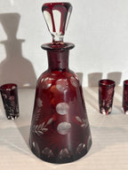 Bohemian Ruby Flash Cut Crystal Cordial Service with Original Stopper and Six Matching Glasses, Circa 1930–1950