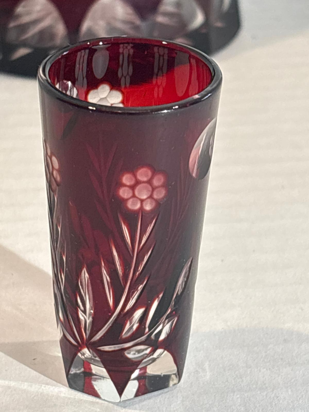Bohemian Ruby Flash Cut Crystal Cordial Service with Original Stopper and Six Matching Glasses, Circa 1930–1950