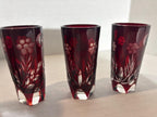 Bohemian Ruby Flash Cut Crystal Cordial Service with Original Stopper and Six Matching Glasses, Circa 1930–1950