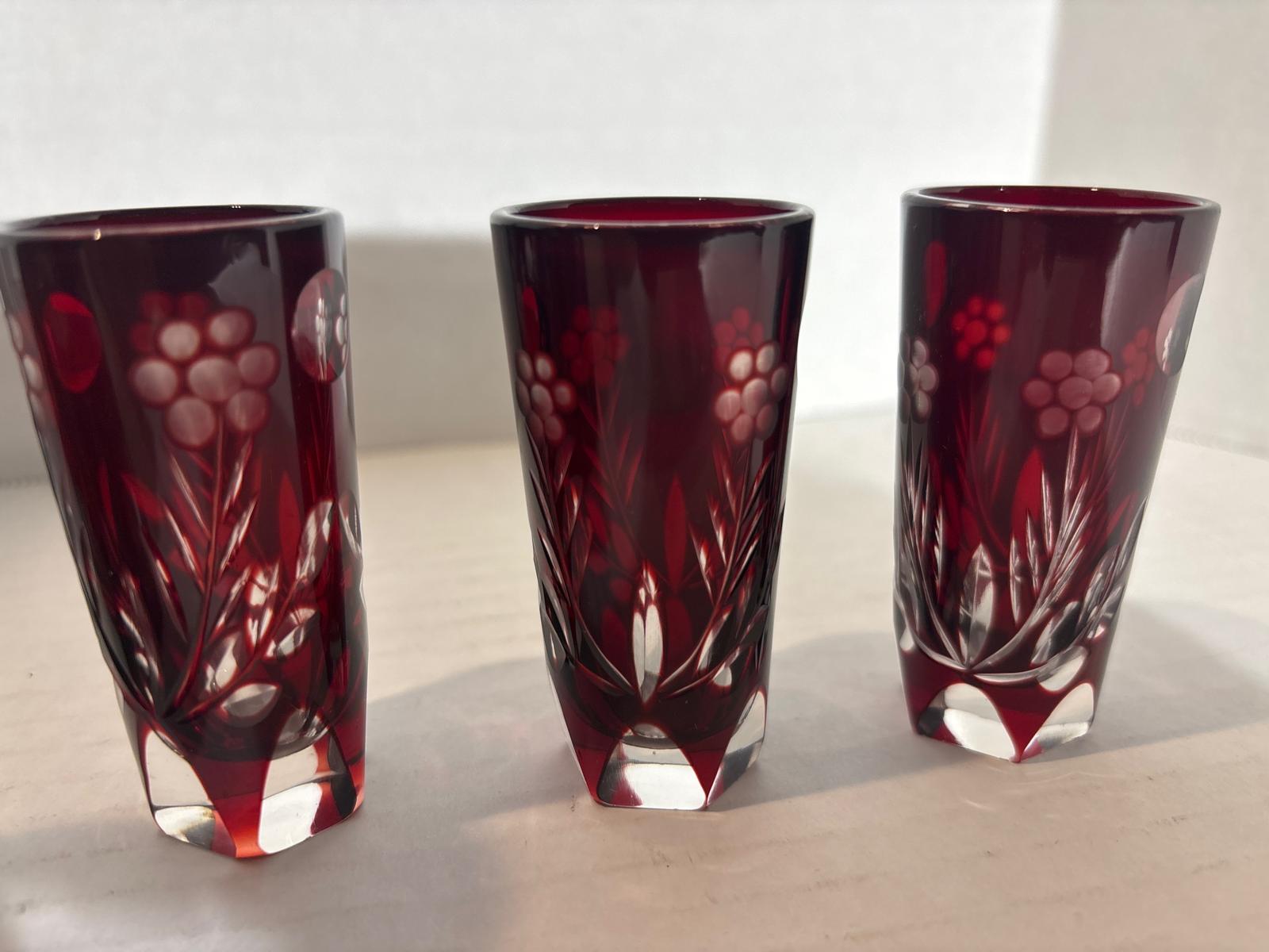 Bohemian Ruby Flash Cut Crystal Cordial Service with Original Stopper and Six Matching Glasses, Circa 1930–1950