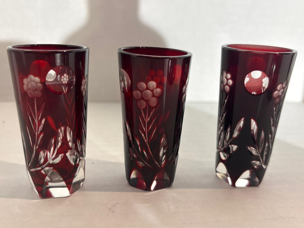 Bohemian Ruby Flash Cut Crystal Cordial Service with Original Stopper and Six Matching Glasses, Circa 1930–1950