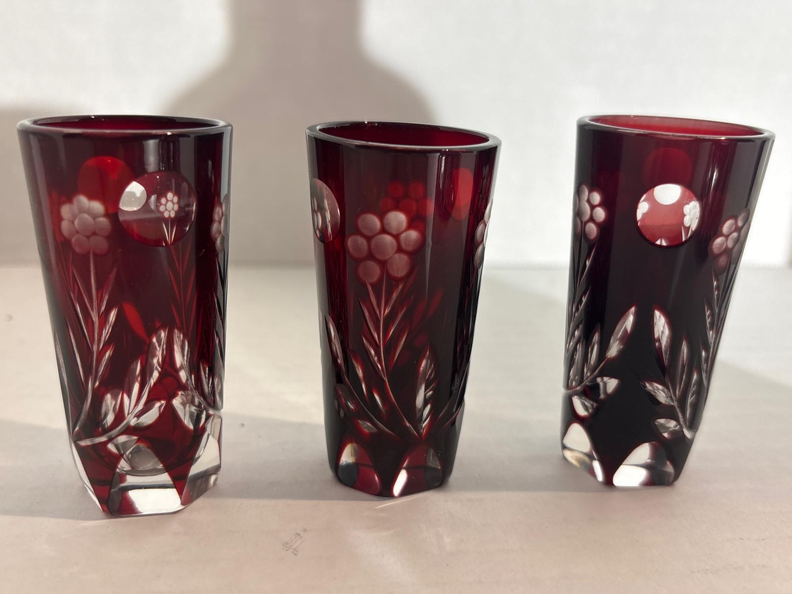 Bohemian Ruby Flash Cut Crystal Cordial Service with Original Stopper and Six Matching Glasses, Circa 1930–1950