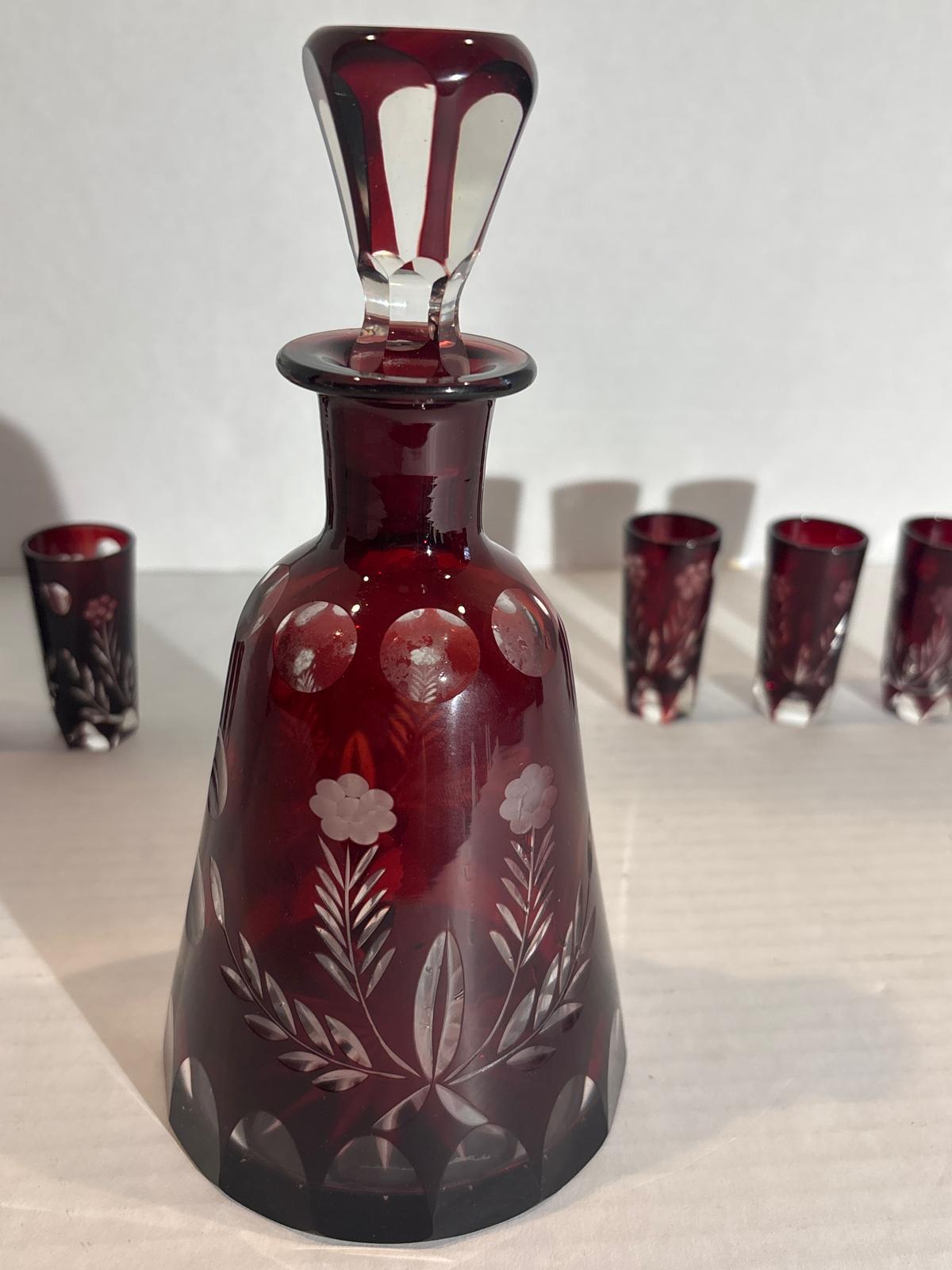 Bohemian Ruby Flash Cut Crystal Cordial Service with Original Stopper and Six Matching Glasses, Circa 1930–1950
