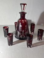 Bohemian Ruby Flash Cut Crystal Cordial Service with Original Stopper and Six Matching Glasses, Circa 1930–1950