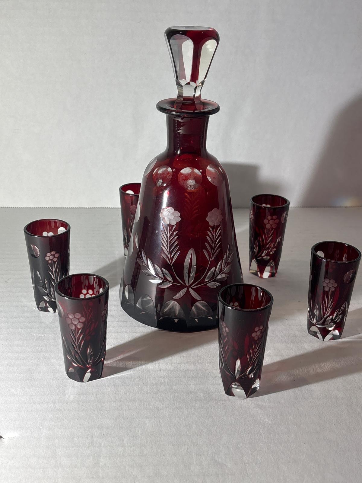 Bohemian Ruby Flash Cut Crystal Cordial Service with Original Stopper and Six Matching Glasses, Circa 1930–1950
