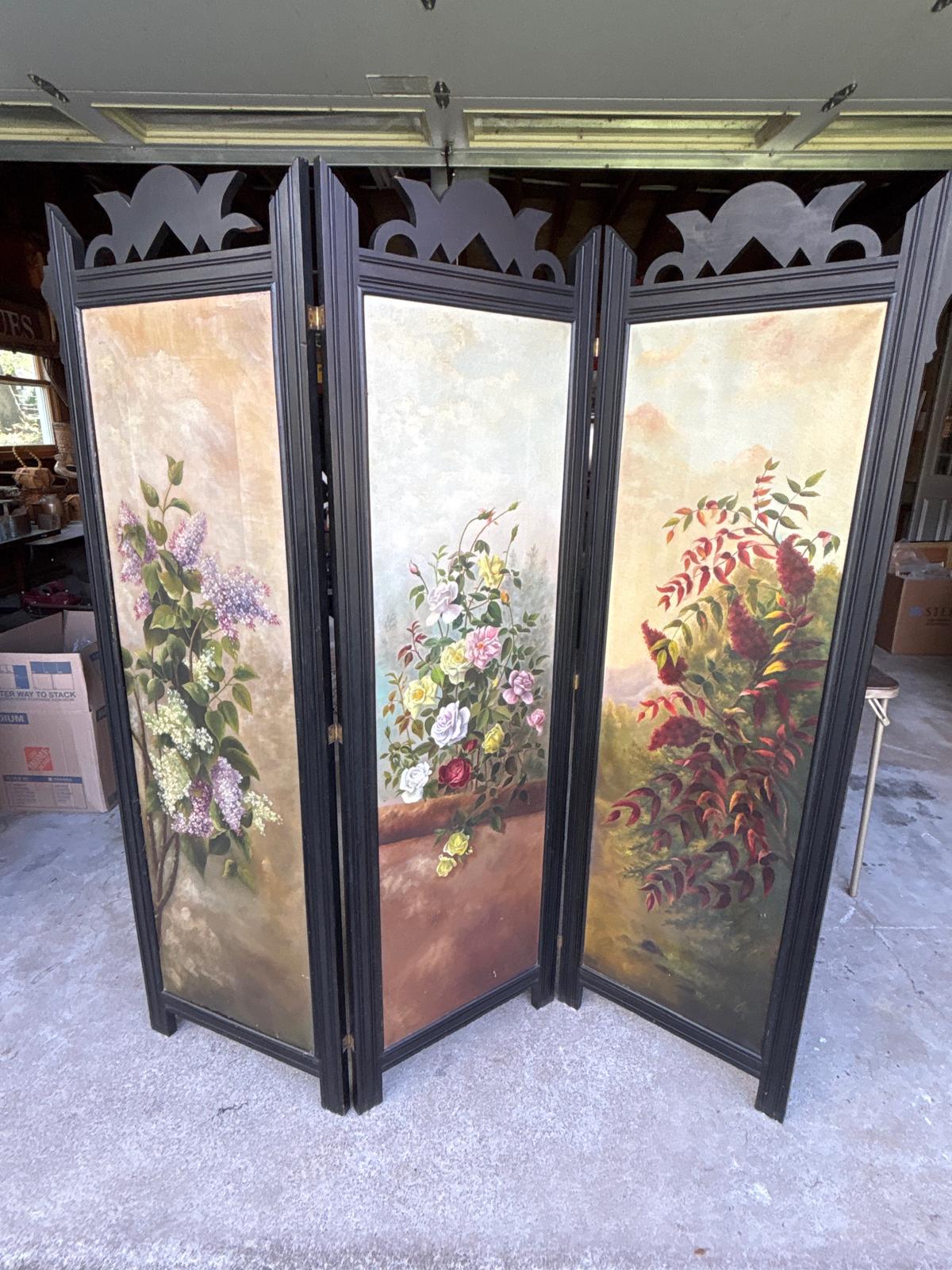 Impressive Three-Panel Hand-Painted Floral Screen circa 1900