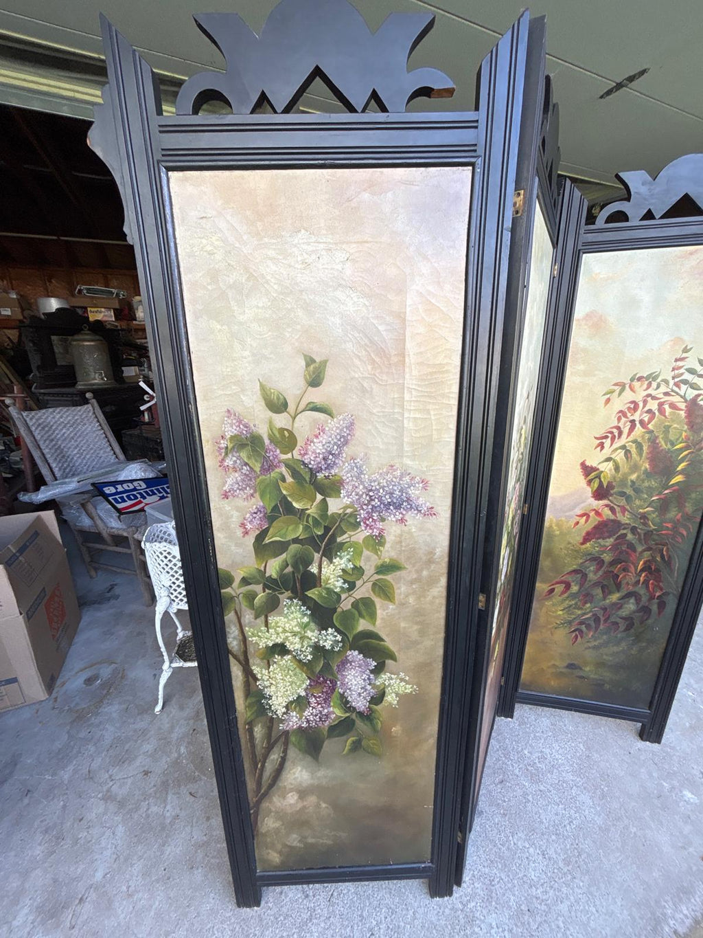Impressive Three-Panel Hand-Painted Floral Screen circa 1900