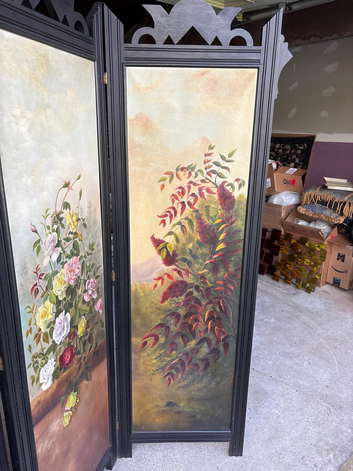 Impressive Three-Panel Hand-Painted Floral Screen circa 1900