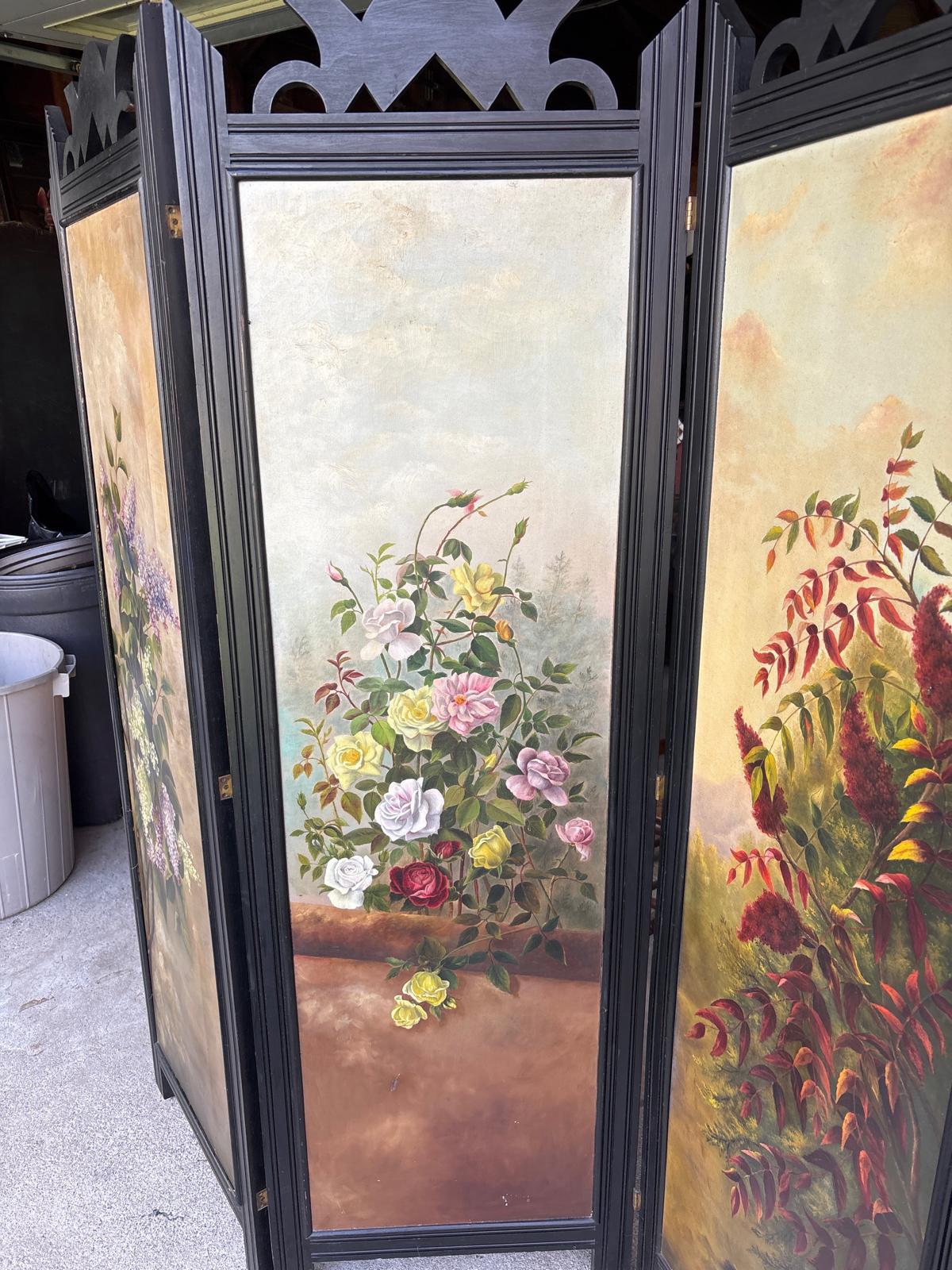 Impressive Three-Panel Hand-Painted Floral Screen circa 1900