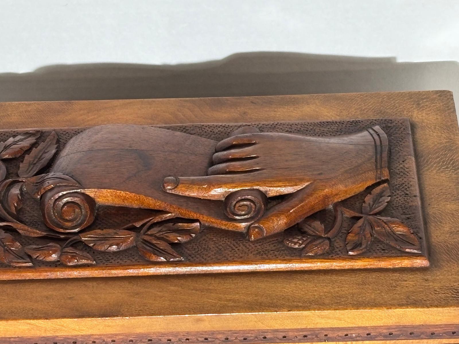 Cape Cod Maritime Folk Art Document Box with Clasped Hands Carving American, probably Cape Cod or Coastal New England, circa 1890–1910