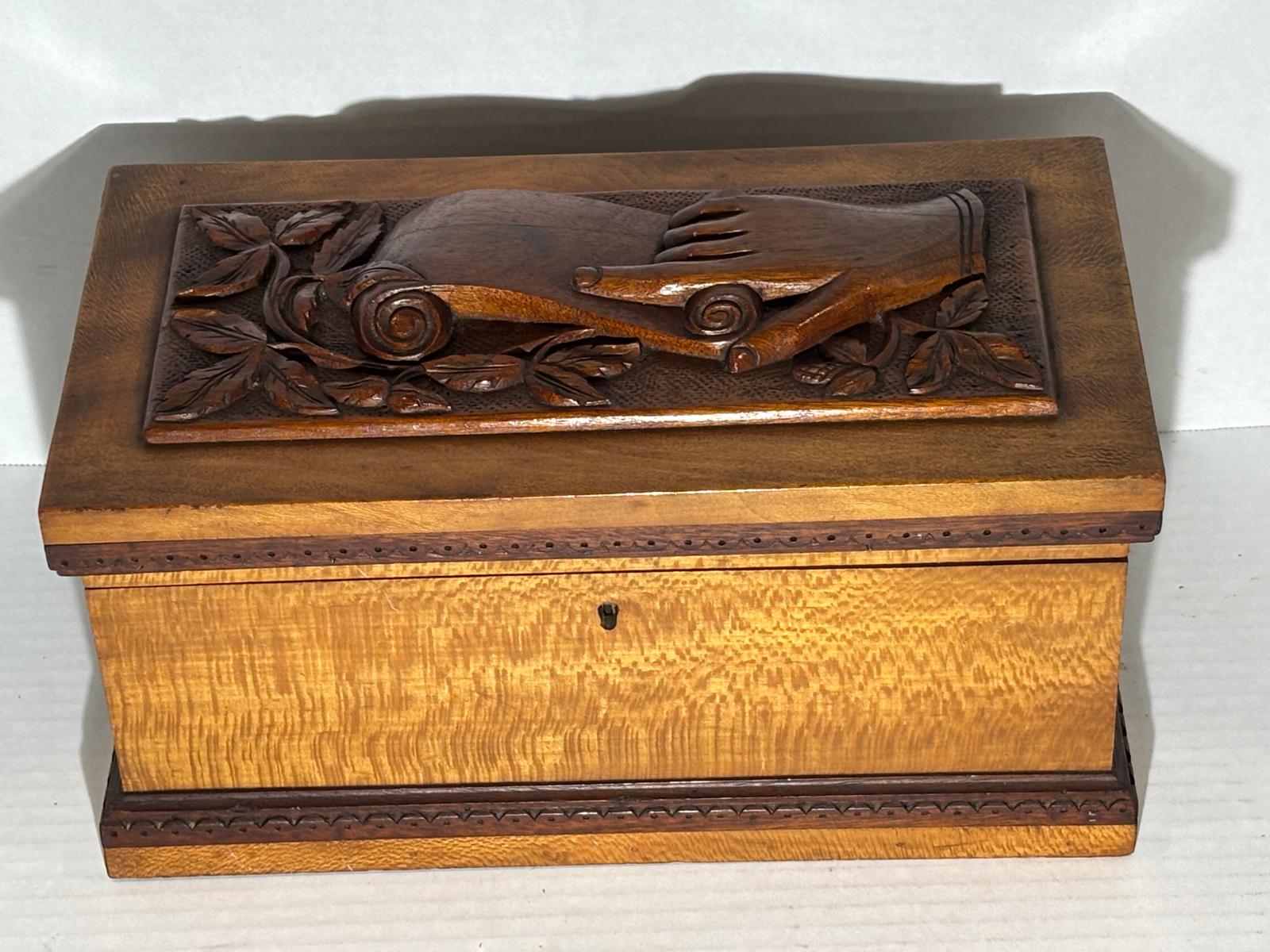 Cape Cod Maritime Folk Art Document Box with Clasped Hands Carving American, probably Cape Cod or Coastal New England, circa 1890–1910