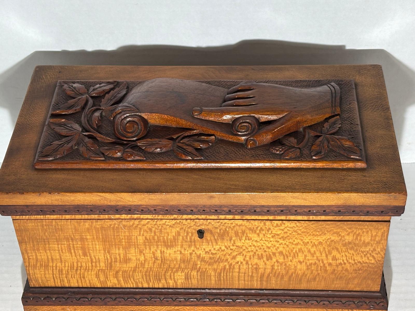 Cape Cod Maritime Folk Art Document Box with Clasped Hands Carving American, probably Cape Cod or Coastal New England, circa 1890–1910