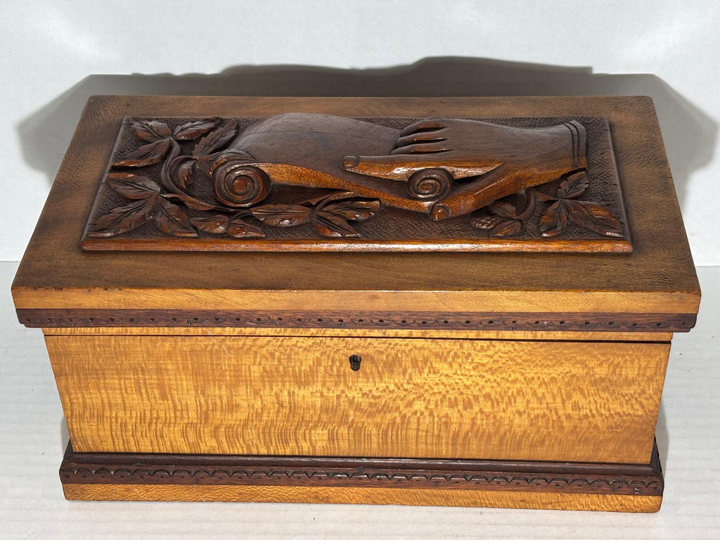 Cape Cod Maritime Folk Art Document Box with Clasped Hands Carving American, probably Cape Cod or Coastal New England, circa 1890–1910