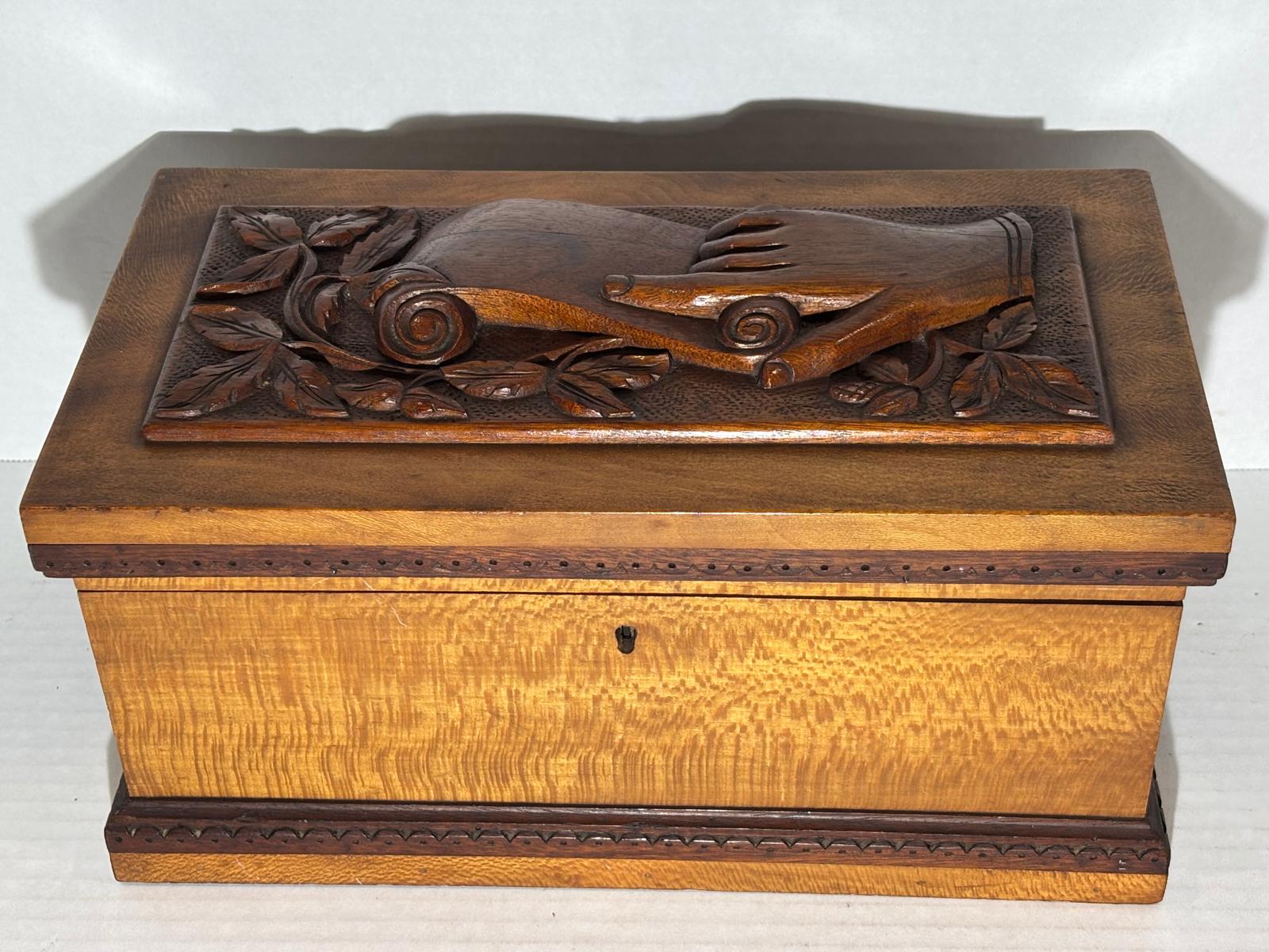 Cape Cod Maritime Folk Art Document Box with Clasped Hands Carving American, probably Cape Cod or Coastal New England, circa 1890–1910