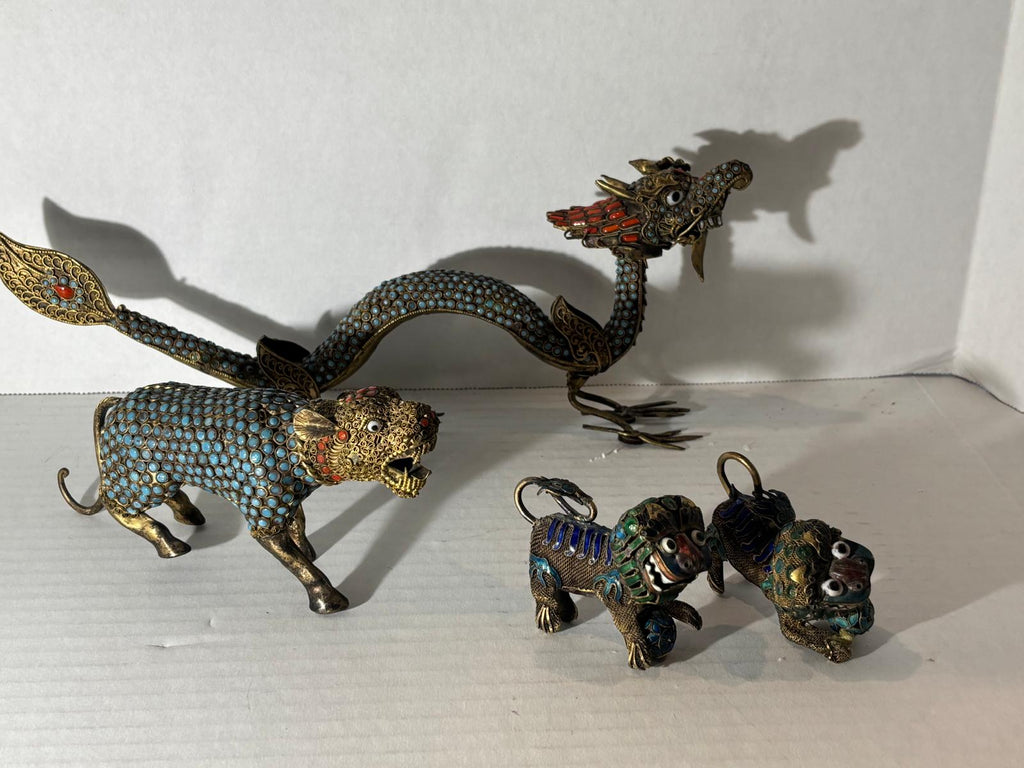 Group of Mid-Century Chinese Filigree Mythological Creatures Including a Turquoise & Coral Dragon, Tiger, and Pair of Guardian Beasts