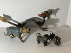 Group of Mid-Century Chinese Filigree Mythological Creatures Including a Turquoise & Coral Dragon, Tiger, and Pair of Guardian Beasts